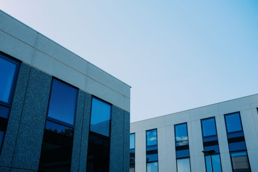 Exterior of modern Kansas City commercial office buildings, representing tenant improvements and commercial build-outs